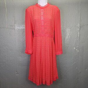 Allsaints Lilith Dress Sz 6 Eyelet Fit & Flare A-Line Coral Red Lace Sheer Lined